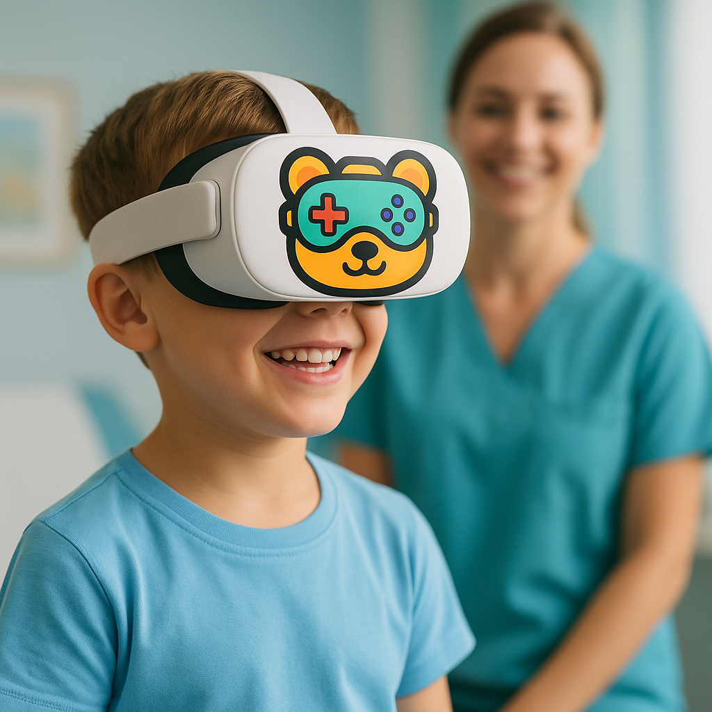 Niño feliz usando gafas VR en clínica médica