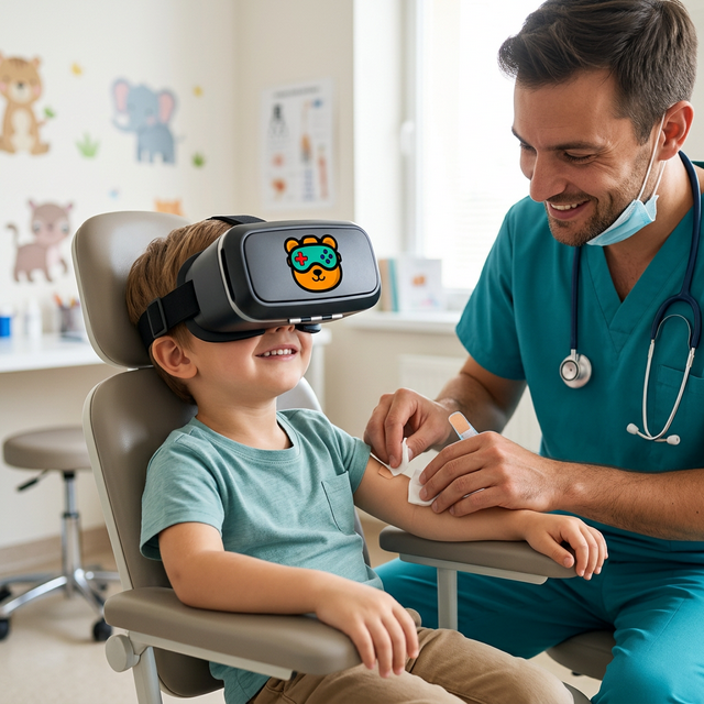 Médico realizando procedimiento con niño usando VR