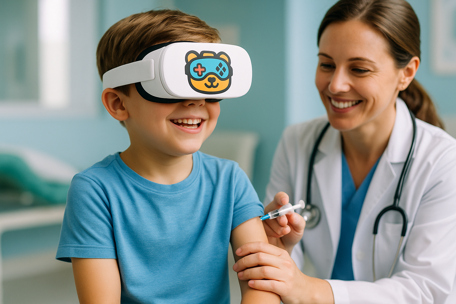 Médico realizando procedimiento con niño usando VR